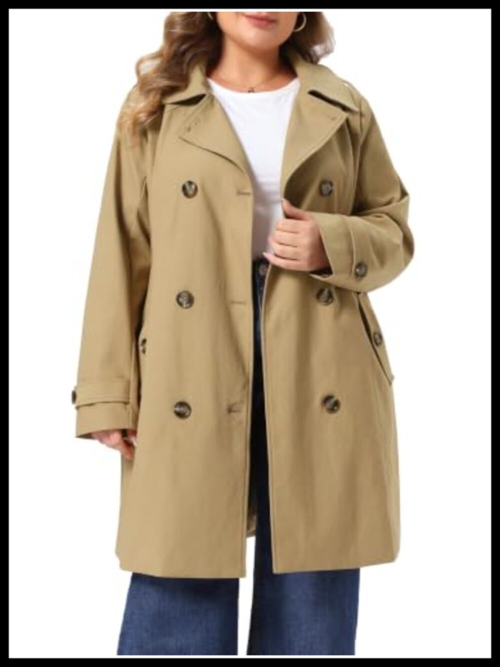 Plus Size Trench Coat Notch Lapel Double Breasted Detachable Hood Belt Mid Long